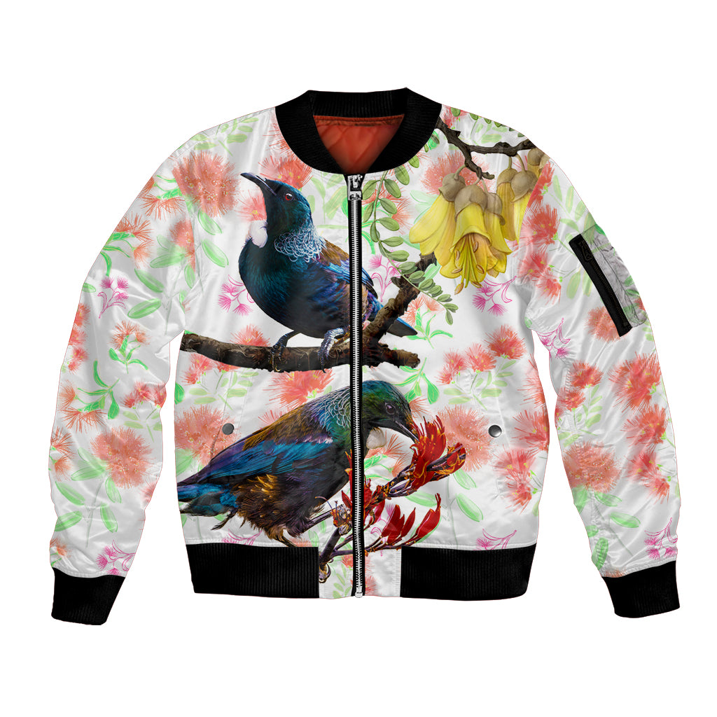 New Zealand Pohutukawa Tui Bird Sleeve Zip Bomber Jacket Kowhai Version LT03 Unisex White - Polynesian Pride