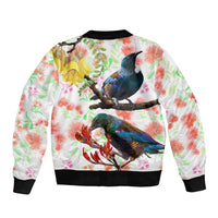 New Zealand Pohutukawa Tui Bird Sleeve Zip Bomber Jacket Kowhai Version LT03 - Polynesian Pride