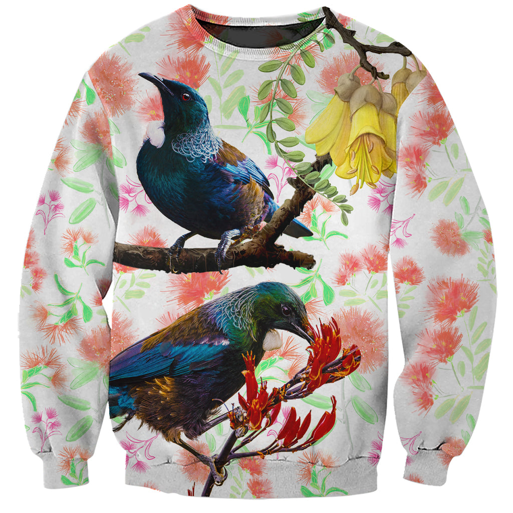 New Zealand Pohutukawa Tui Bird Sweatshirt Kowhai Version LT03 Unisex White - Polynesian Pride