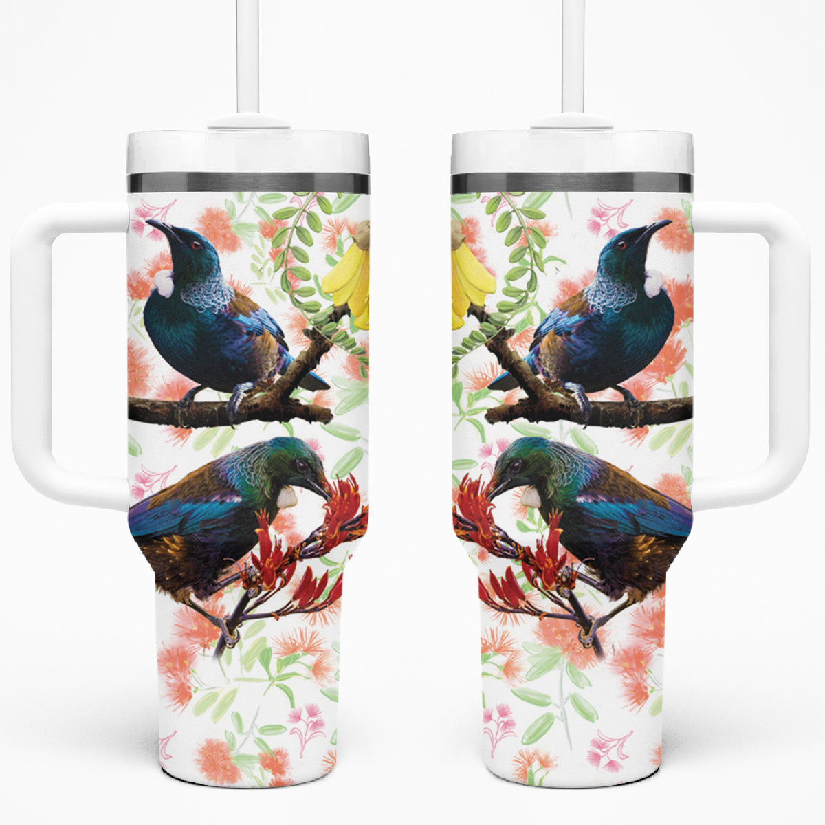 New Zealand Pohutukawa Tui Bird Tumbler With Handle Kowhai Version