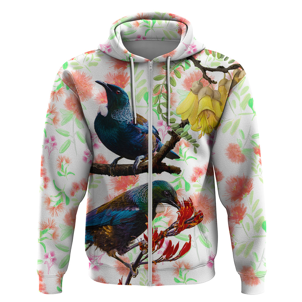 New Zealand Pohutukawa Tui Bird Zip Hoodie Kowhai Version LT03 Zip Hoodie White - Polynesian Pride