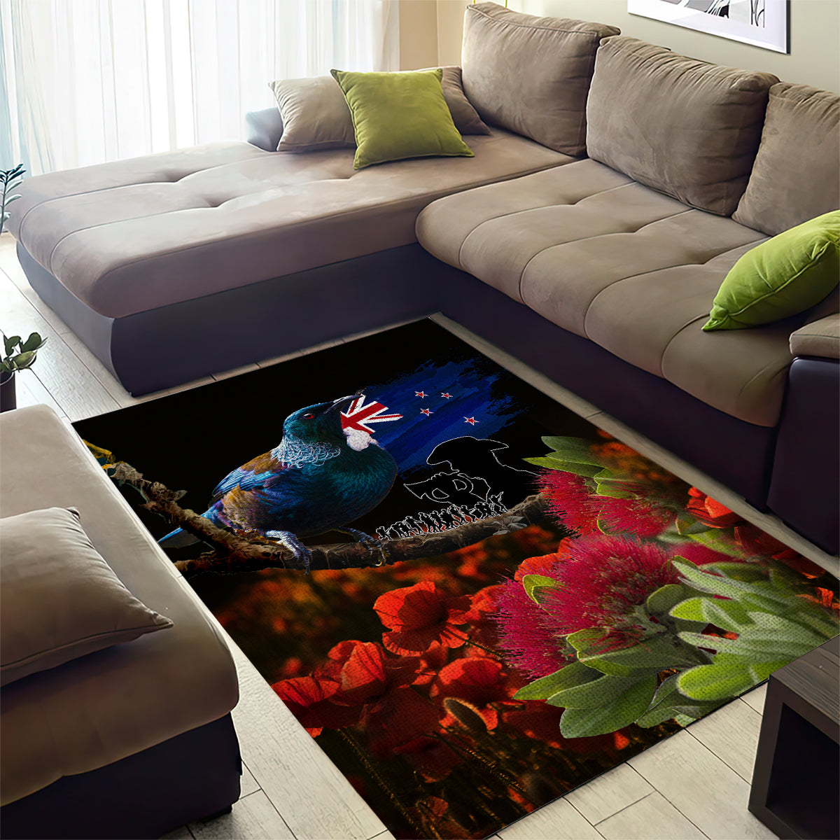 New Zealand ANZAC Day Area Rug Pohutukawa Flower and Tui Bird LT03 - Polynesian Pride