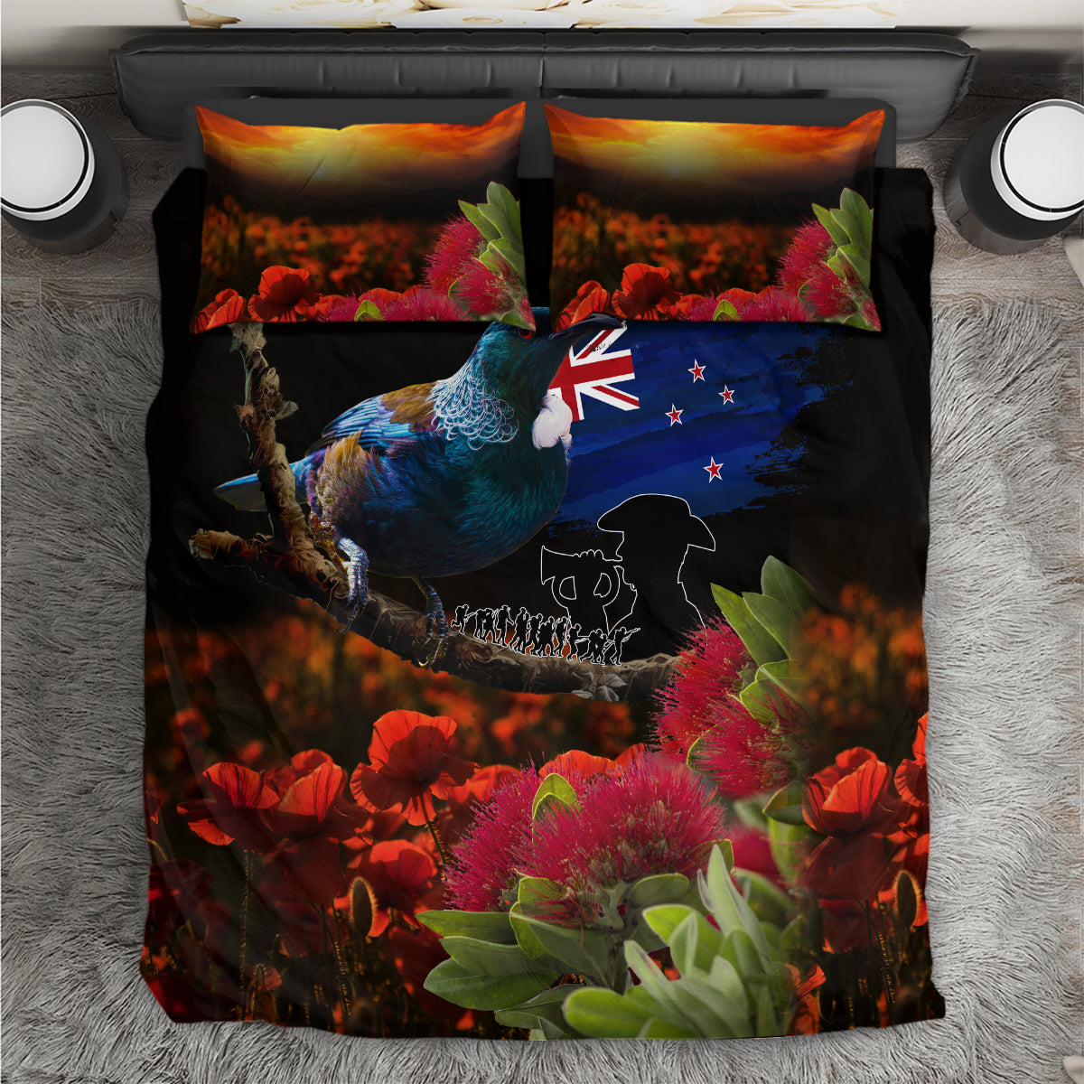 New Zealand ANZAC Day Bedding Set Pohutukawa Flower and Tui Bird LT03 Black - Polynesian Pride