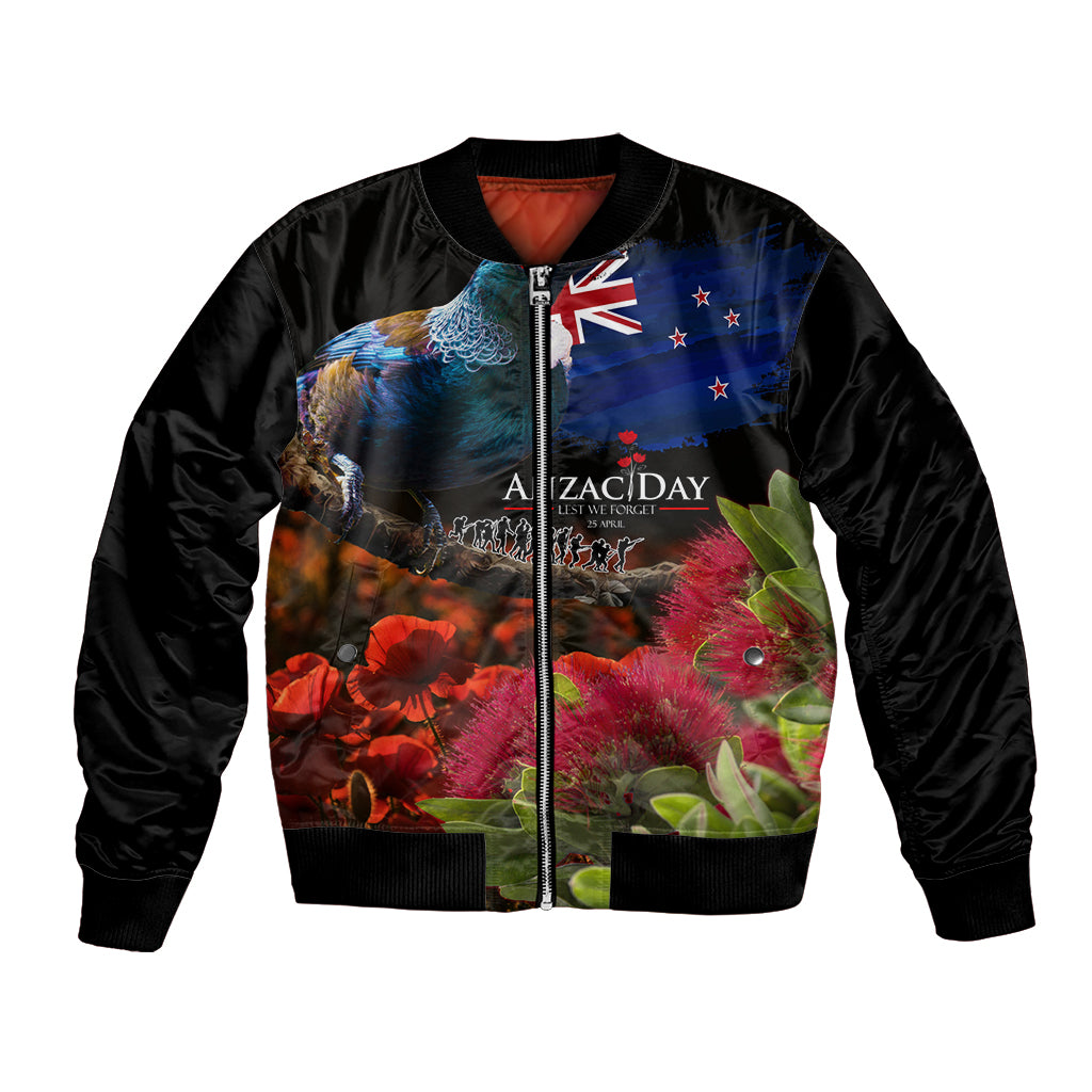 New Zealand ANZAC Day Bomber Jacket Pohutukawa Flower and Tui Bird LT03 Unisex Black - Polynesian Pride