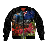 New Zealand ANZAC Day Bomber Jacket Pohutukawa Flower and Tui Bird LT03 Unisex Black - Polynesian Pride
