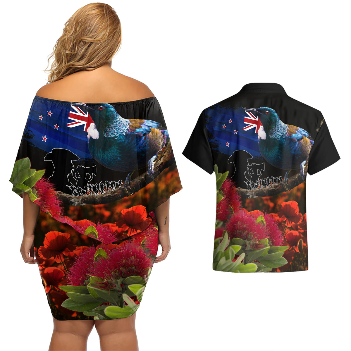 New Zealand ANZAC Day Couples Matching Off Shoulder Short Dress and Hawaiian Shirt Pohutukawa Flower and Tui Bird LT03 - Polynesian Pride