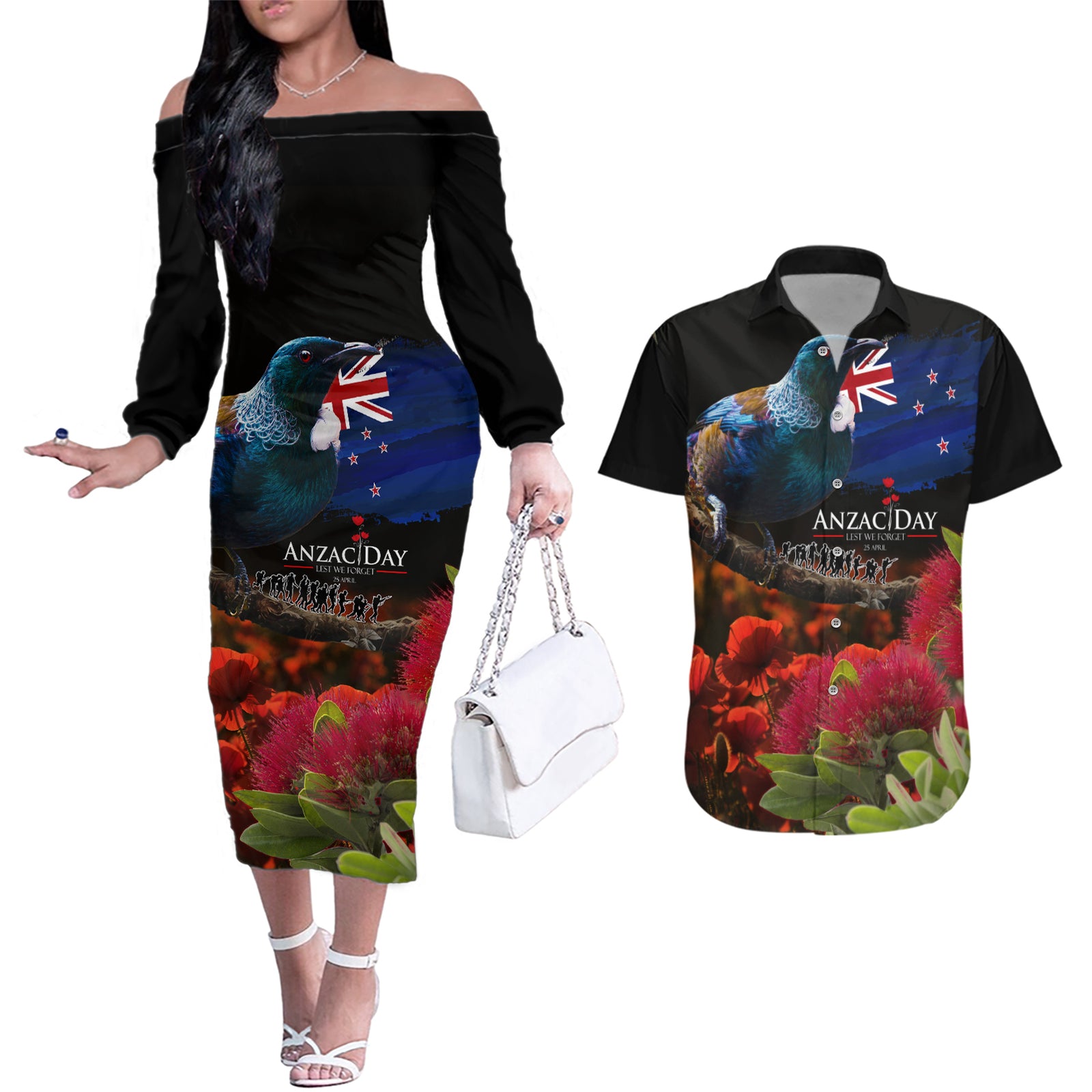 New Zealand ANZAC Day Couples Matching Off The Shoulder Long Sleeve Dress and Hawaiian Shirt Pohutukawa Flower and Tui Bird LT03 Black - Polynesian Pride