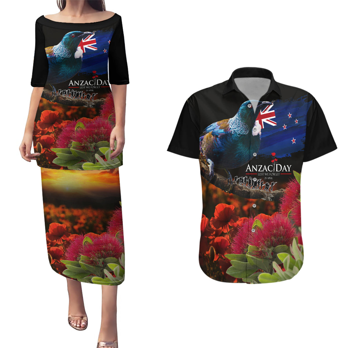 New Zealand ANZAC Day Couples Matching Puletasi and Hawaiian Shirt Pohutukawa Flower and Tui Bird LT03 Black - Polynesian Pride