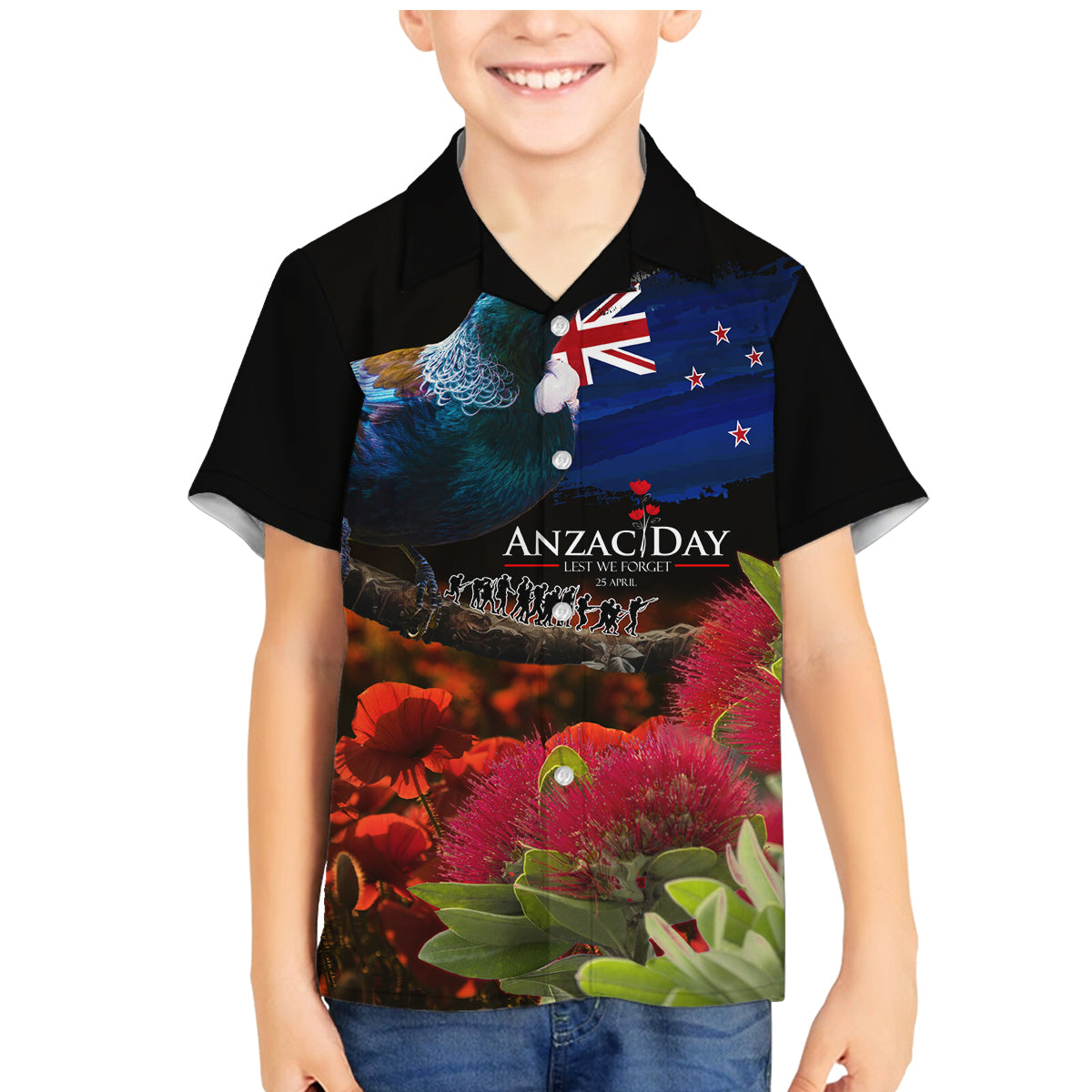 New Zealand ANZAC Day Family Matching Mermaid Dress and Hawaiian Shirt Pohutukawa Flower and Tui Bird LT03 Son's Shirt Black - Polynesian Pride