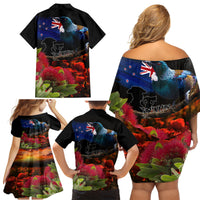 New Zealand ANZAC Day Family Matching Off Shoulder Short Dress and Hawaiian Shirt Pohutukawa Flower and Tui Bird LT03 - Polynesian Pride