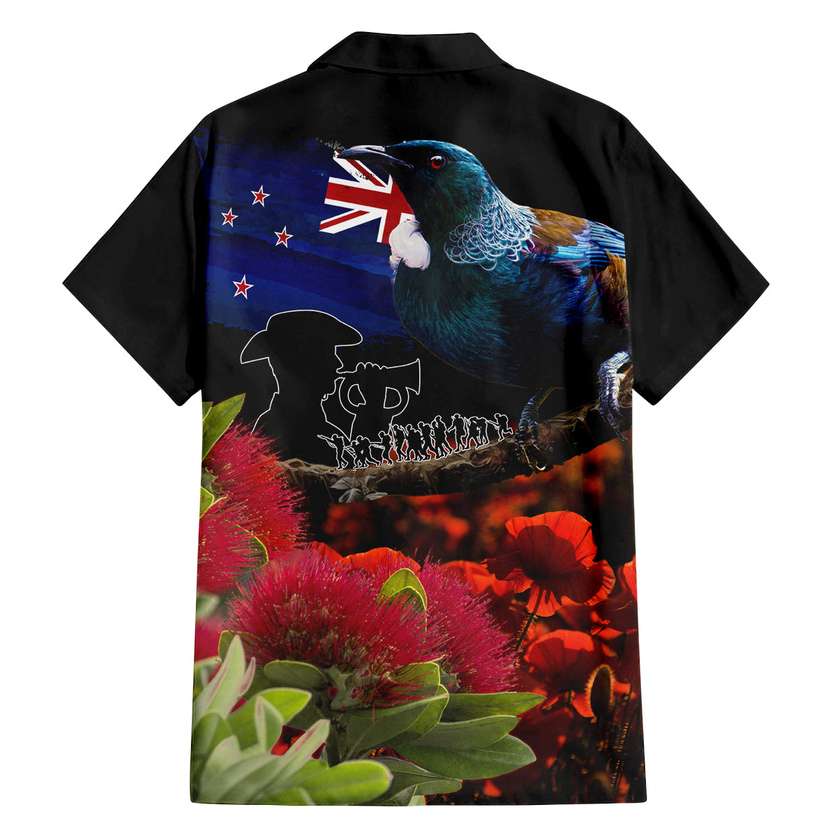 New Zealand ANZAC Day Family Matching Off Shoulder Short Dress and Hawaiian Shirt Pohutukawa Flower and Tui Bird LT03 - Polynesian Pride