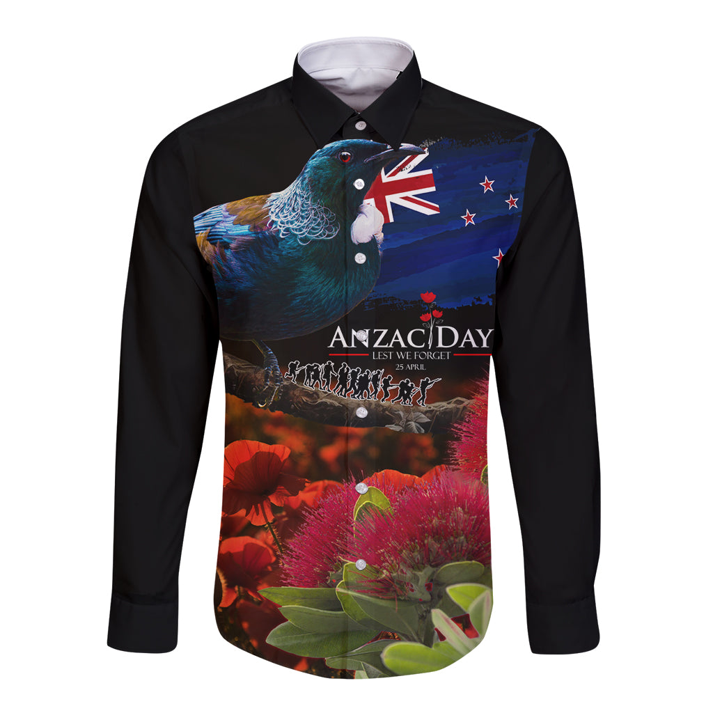 New Zealand ANZAC Day Long Sleeve Button Shirt Pohutukawa Flower and Tui Bird LT03 Unisex Black - Polynesian Pride