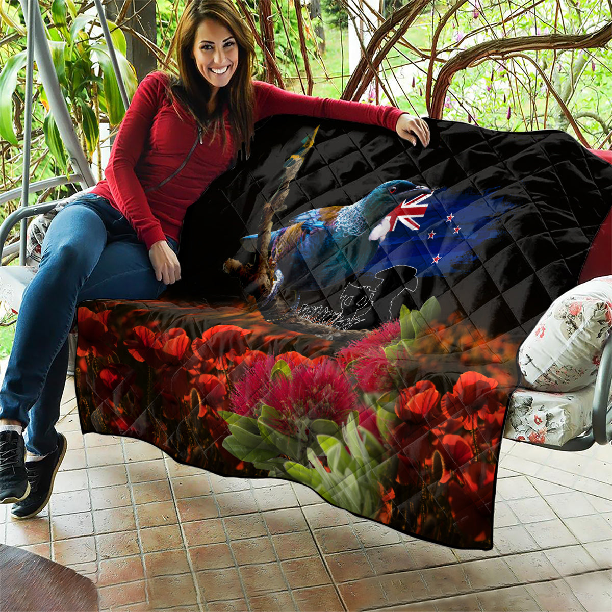 New Zealand ANZAC Day Quilt Pohutukawa Flower and Tui Bird LT03 - Polynesian Pride