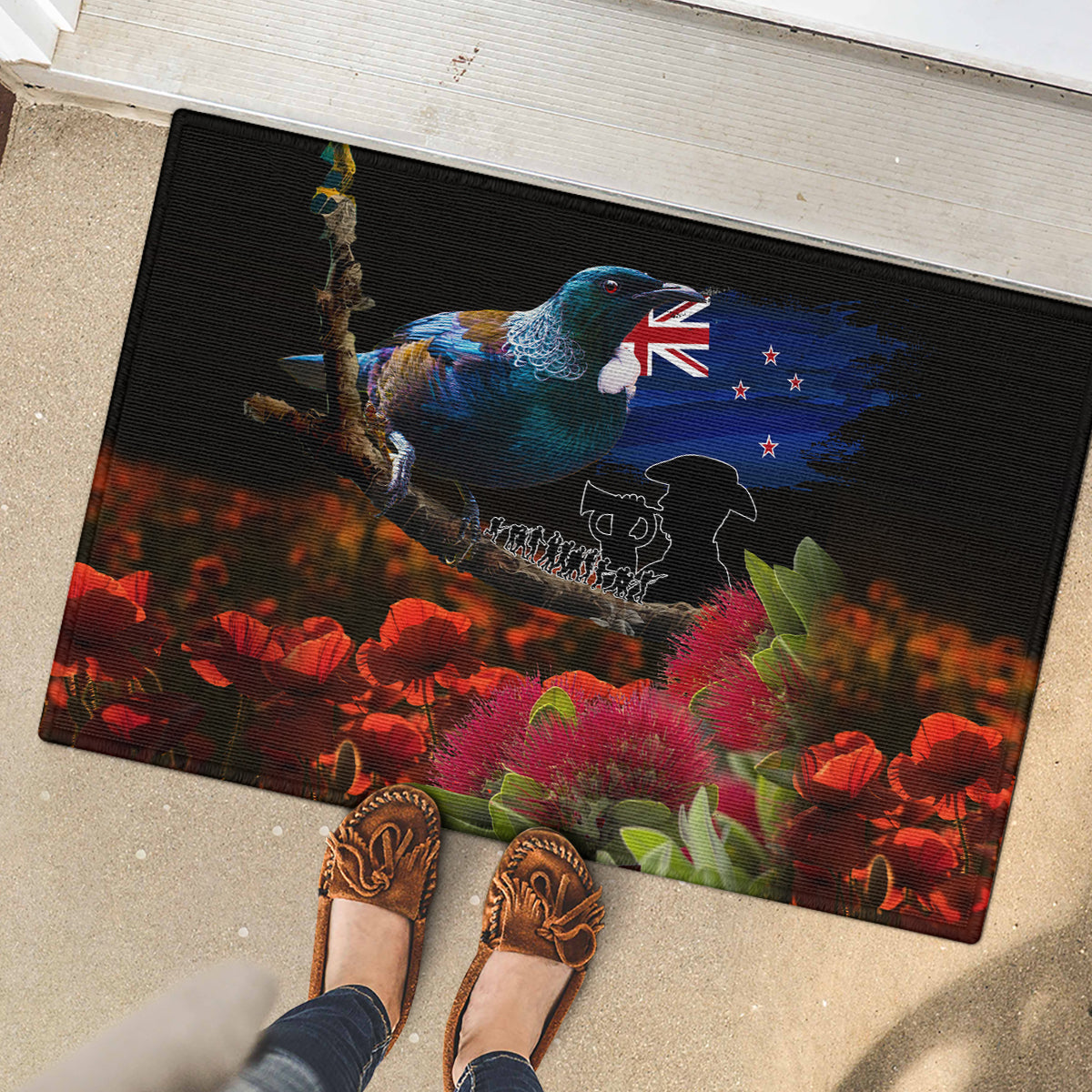 New Zealand ANZAC Day Rubber Doormat Pohutukawa Flower and Tui Bird LT03 - Polynesian Pride