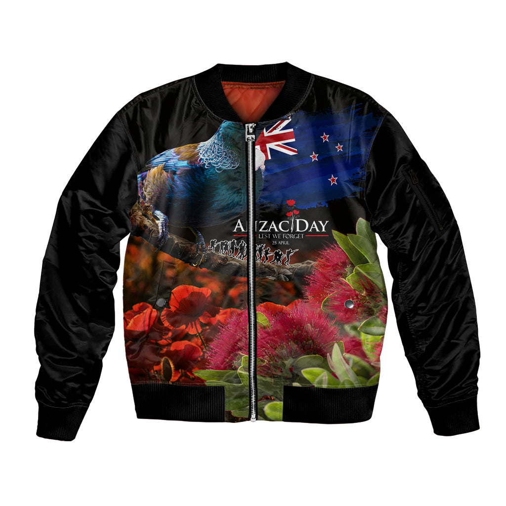 New Zealand ANZAC Day Sleeve Zip Bomber Jacket Pohutukawa Flower and Tui Bird LT03 Unisex Black - Polynesian Pride