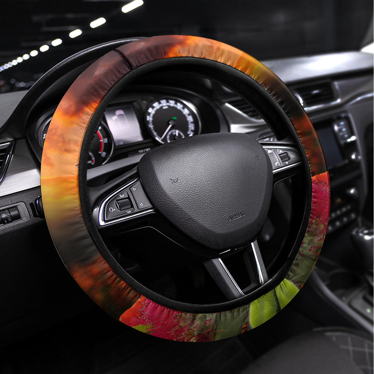 New Zealand ANZAC Day Steering Wheel Cover Pohutukawa Flower and Tui Bird