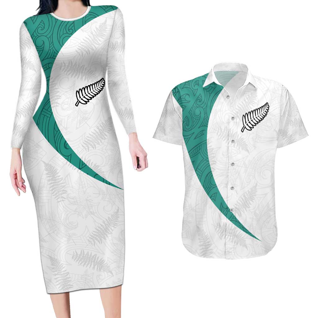 Custom New Zealand Football Couples Matching Long Sleeve Bodycon Dress and Hawaiian Shirt Go All Silver Ferns - Towards World Cup 2026