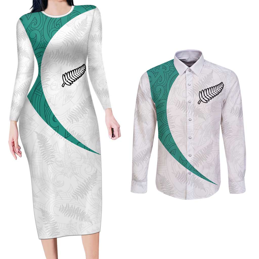 Custom New Zealand Football Couples Matching Long Sleeve Bodycon Dress and Long Sleeve Button Shirt Go All Silver Ferns - Towards World Cup 2026