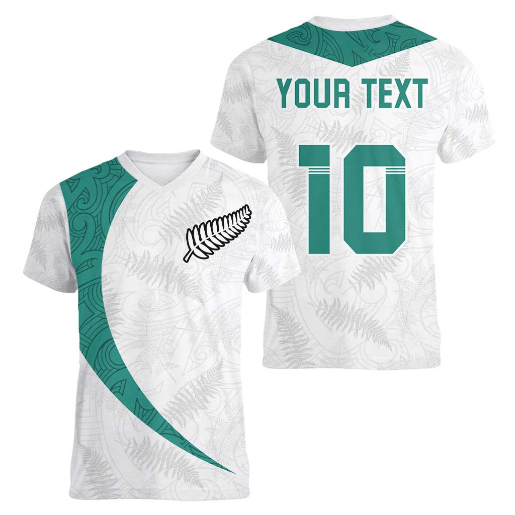 Custom New Zealand Football Women V-Neck T-Shirt Go All Silver Ferns - Towards World Cup 2026 LT03 - Polynesian Pride