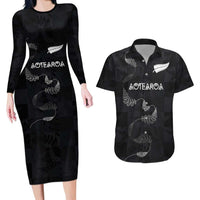 Custom New Zealand Rugby Couples Matching Long Sleeve Bodycon Dress and Hawaiian Shirt All Silver Ferns Blacks