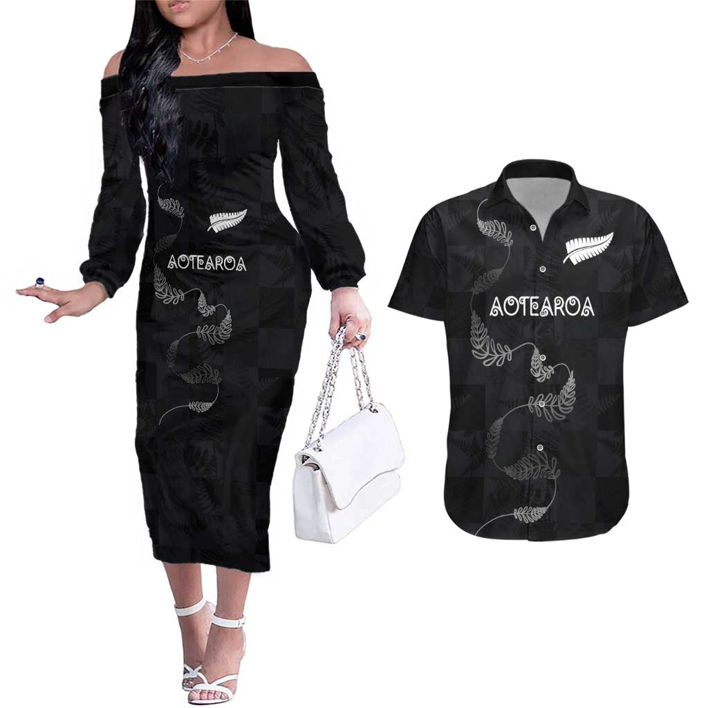 Custom New Zealand Rugby Couples Matching Off The Shoulder Long Sleeve Dress and Hawaiian Shirt All Silver Ferns Blacks