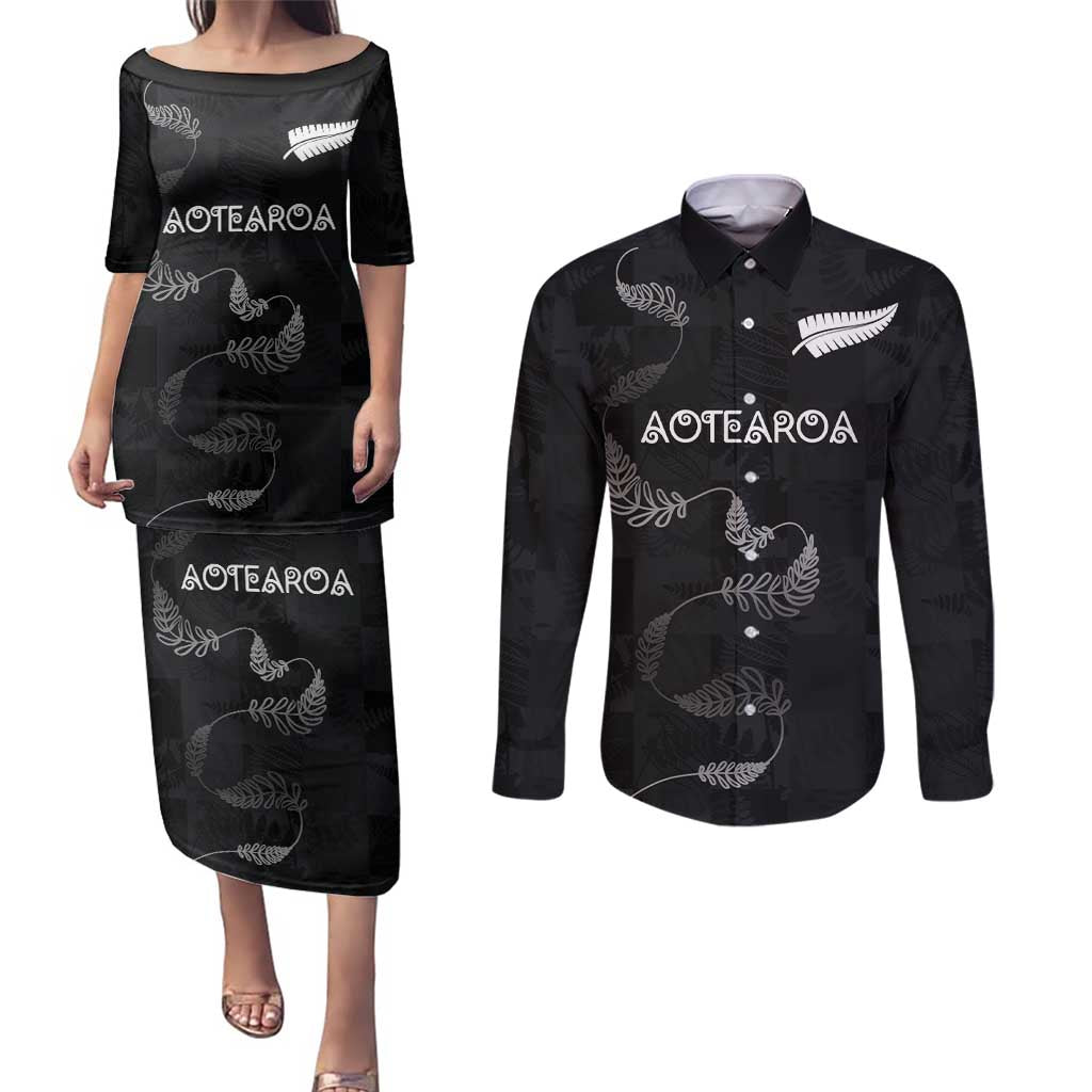 Custom New Zealand Rugby Couples Matching Puletasi and Long Sleeve Button Shirt All Silver Ferns Blacks