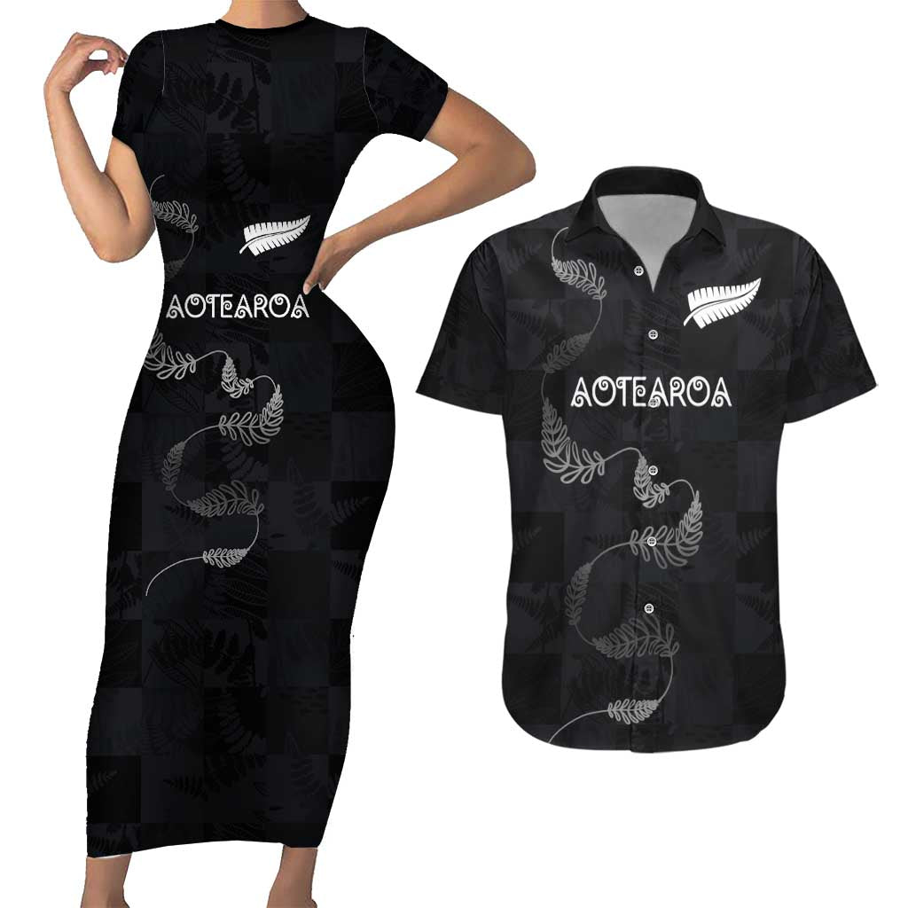 Custom New Zealand Rugby Couples Matching Short Sleeve Bodycon Dress and Hawaiian Shirt All Silver Ferns Blacks