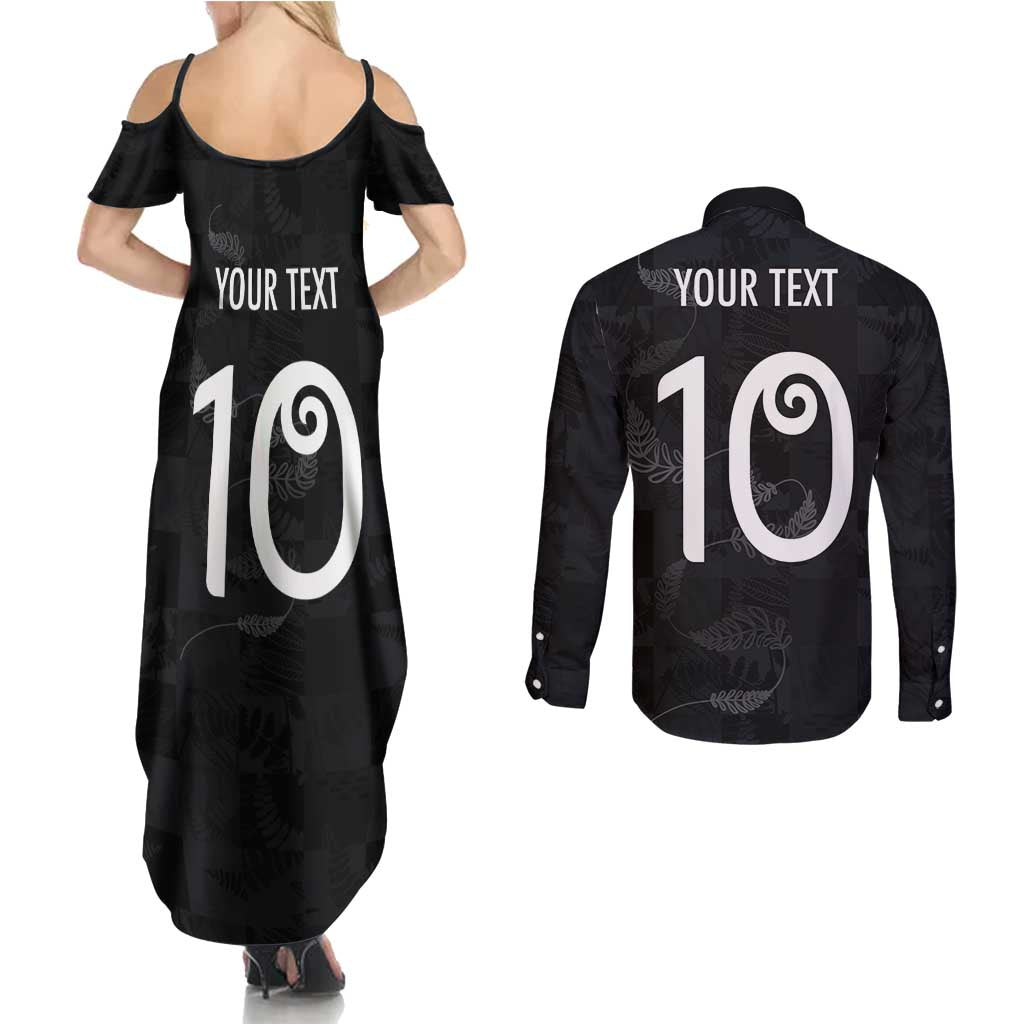 Custom New Zealand Rugby Couples Matching Summer Maxi Dress and Long Sleeve Button Shirt All Silver Ferns Blacks