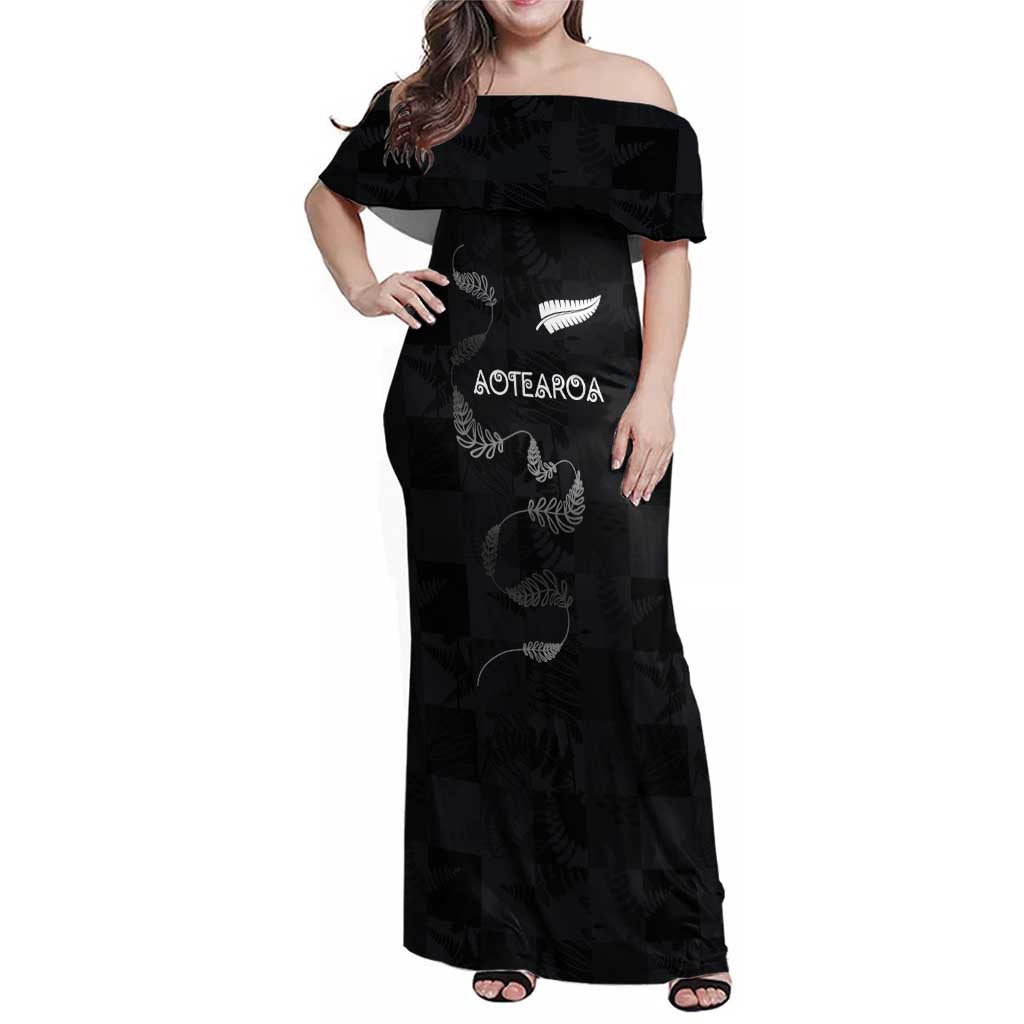Custom New Zealand Rugby Family Matching Off Shoulder Maxi Dress and Hawaiian Shirt All Silver Ferns Blacks