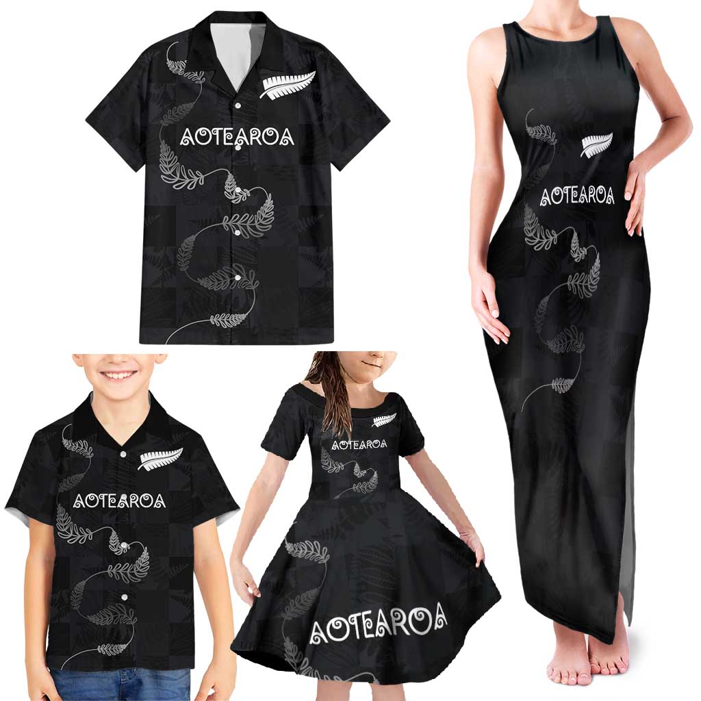 Custom New Zealand Rugby Family Matching Tank Maxi Dress and Hawaiian Shirt All Silver Ferns Blacks