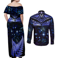 New Zealand Matariki Couples Matching Off Shoulder Maxi Dress and Long Sleeve Button Shirt Maori Pattern and Matariki Sky Night LT03 - Polynesian Pride