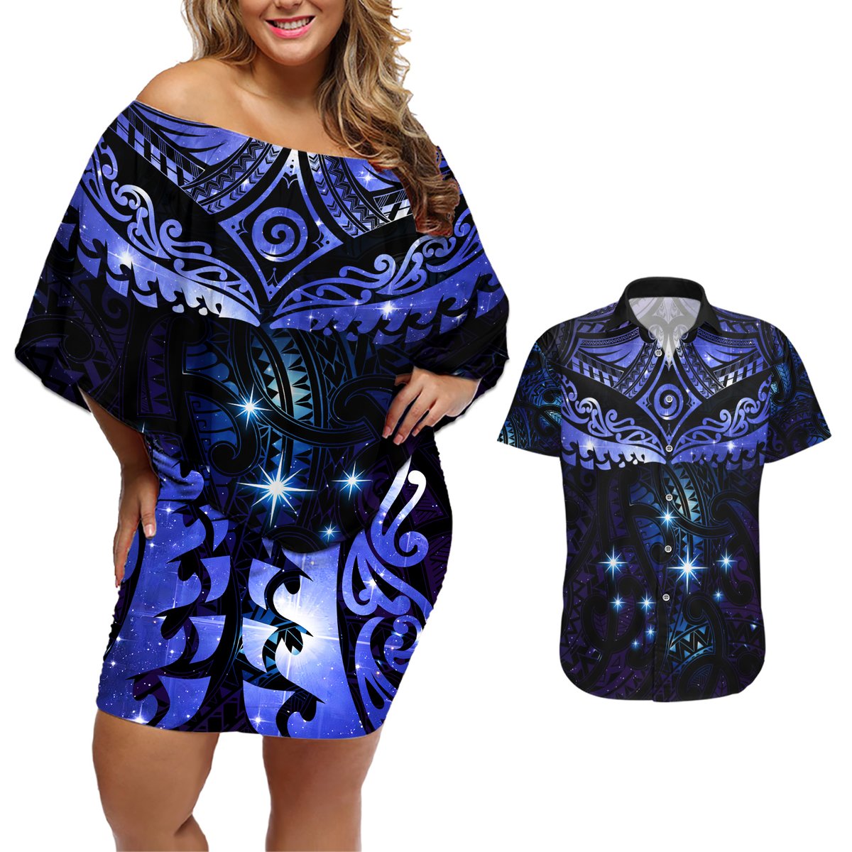 New Zealand Matariki Couples Matching Off Shoulder Short Dress and Hawaiian Shirt Maori Pattern and Matariki Sky Night LT03 Blue - Polynesian Pride