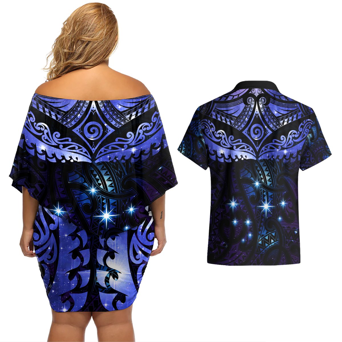 New Zealand Matariki Couples Matching Off Shoulder Short Dress and Hawaiian Shirt Maori Pattern and Matariki Sky Night LT03 - Polynesian Pride
