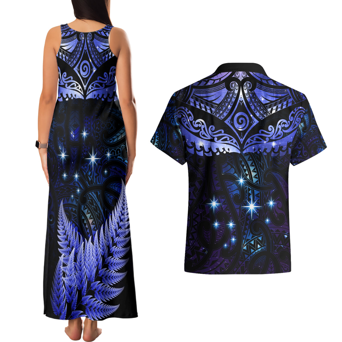 New Zealand Matariki Couples Matching Tank Maxi Dress and Hawaiian Shirt Maori Pattern and Matariki Sky Night LT03 - Polynesian Pride