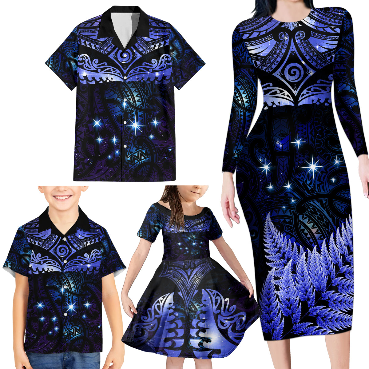 New Zealand Matariki Family Matching Long Sleeve Bodycon Dress and Hawaiian Shirt Maori Pattern and Matariki Sky Night LT03 - Polynesian Pride