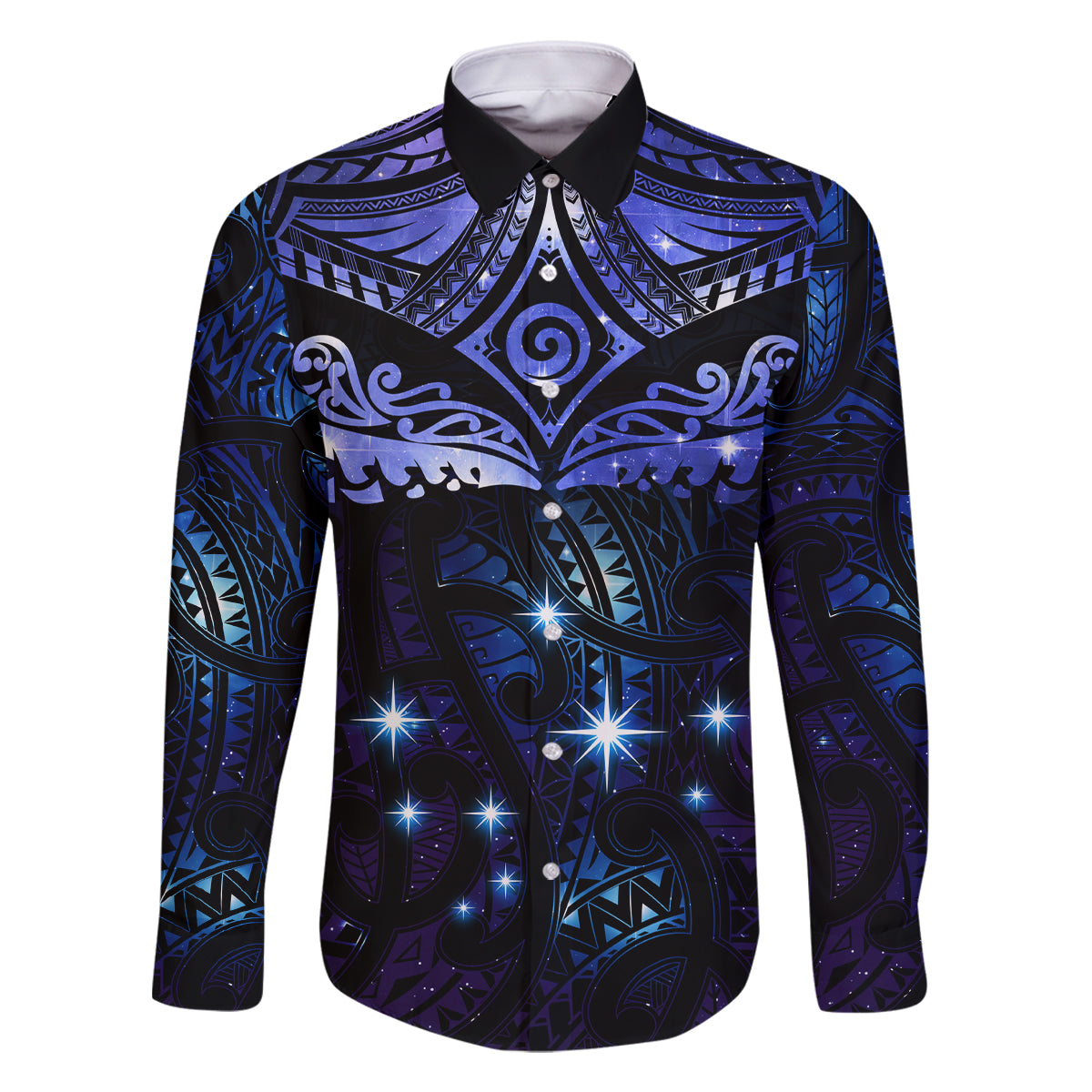 New Zealand Matariki Family Matching Long Sleeve Bodycon Dress and Hawaiian Shirt Maori Pattern and Matariki Sky Night LT03 Dad's Shirt - Long Sleeve Blue - Polynesian Pride