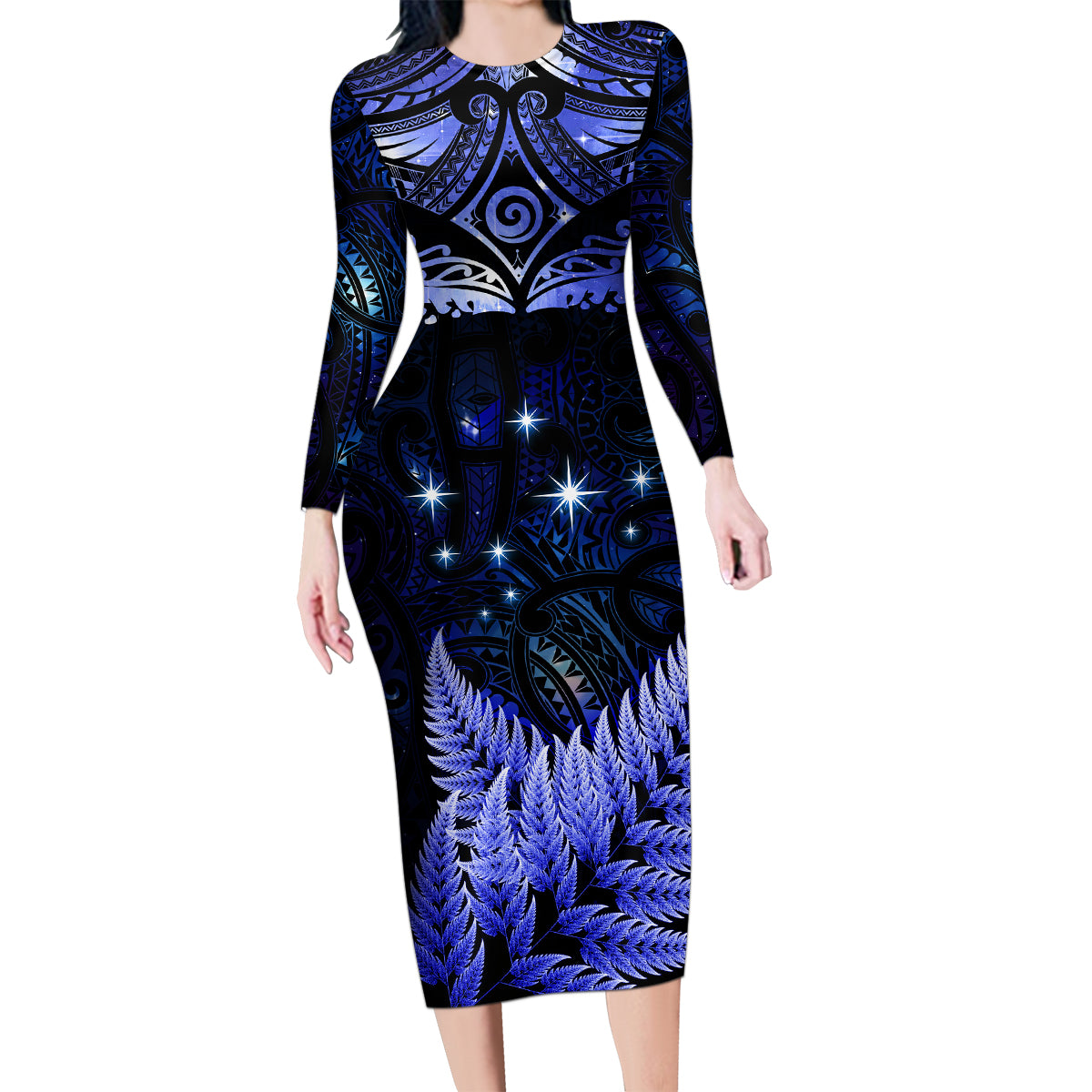 New Zealand Matariki Family Matching Long Sleeve Bodycon Dress and Hawaiian Shirt Maori Pattern and Matariki Sky Night LT03 Mom's Dress Blue - Polynesian Pride