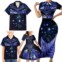 New Zealand Matariki Family Matching Short Sleeve Bodycon Dress and Hawaiian Shirt Maori Pattern and Matariki Sky Night LT03 - Polynesian Pride