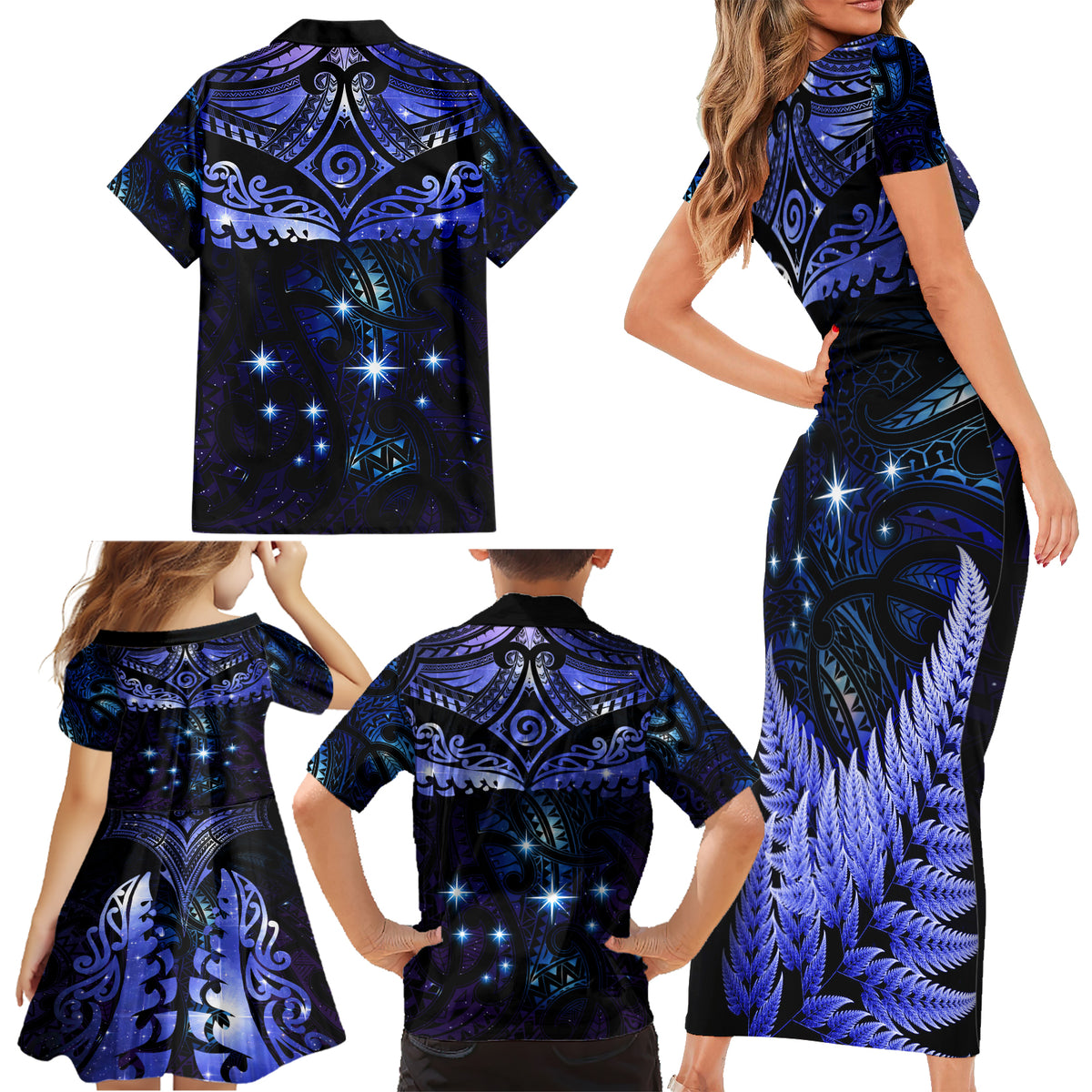 New Zealand Matariki Family Matching Short Sleeve Bodycon Dress and Hawaiian Shirt Maori Pattern and Matariki Sky Night LT03 - Polynesian Pride
