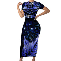 New Zealand Matariki Family Matching Short Sleeve Bodycon Dress and Hawaiian Shirt Maori Pattern and Matariki Sky Night LT03 Mom's Dress Blue - Polynesian Pride