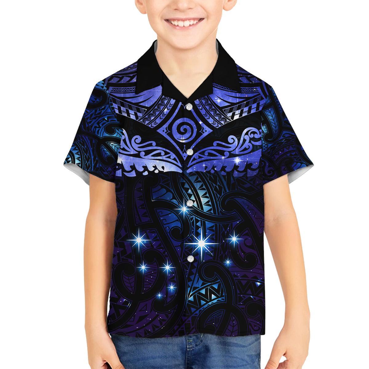 New Zealand Matariki Family Matching Tank Maxi Dress and Hawaiian Shirt Maori Pattern and Matariki Sky Night LT03 Son's Shirt Blue - Polynesian Pride