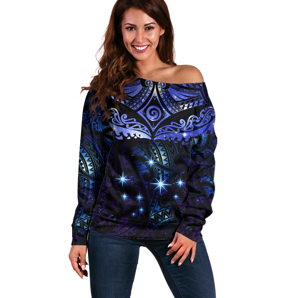 New Zealand Matariki Off Shoulder Sweater Maori Pattern and Matariki Sky Night LT03 Women Blue - Polynesian Pride
