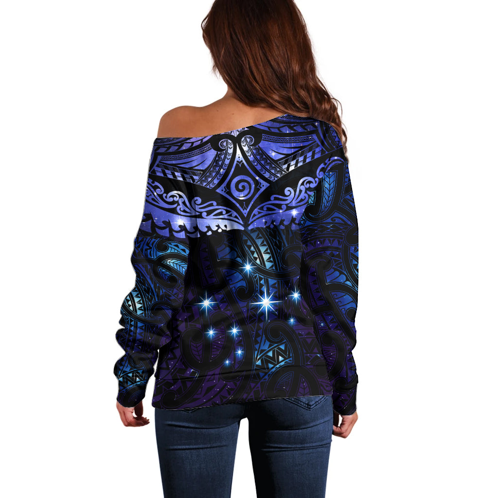 New Zealand Matariki Off Shoulder Sweater Maori Pattern and Matariki Sky Night LT03 - Polynesian Pride