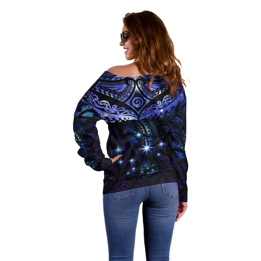 New Zealand Matariki Off Shoulder Sweater Maori Pattern and Matariki Sky Night LT03 - Polynesian Pride