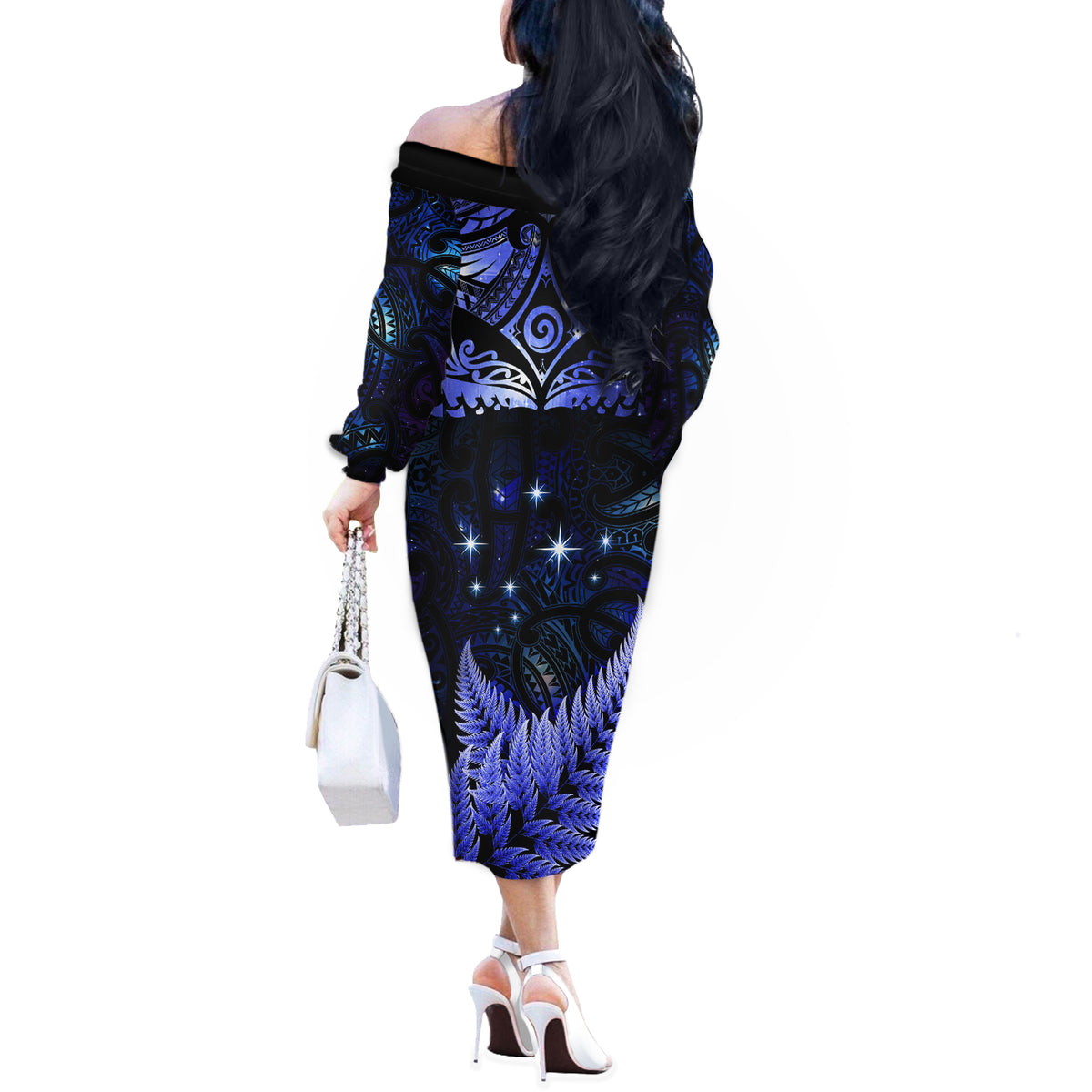 New Zealand Matariki Off The Shoulder Long Sleeve Dress Maori Pattern and Matariki Sky Night LT03 - Polynesian Pride