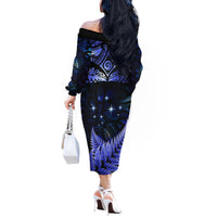 New Zealand Matariki Off The Shoulder Long Sleeve Dress Maori Pattern and Matariki Sky Night LT03 - Polynesian Pride