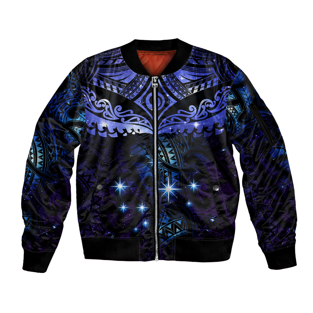 New Zealand Matariki Sleeve Zip Bomber Jacket Maori Pattern and Matariki Sky Night LT03 Unisex Blue - Polynesian Pride