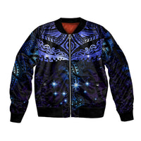New Zealand Matariki Sleeve Zip Bomber Jacket Maori Pattern and Matariki Sky Night LT03 Unisex Blue - Polynesian Pride