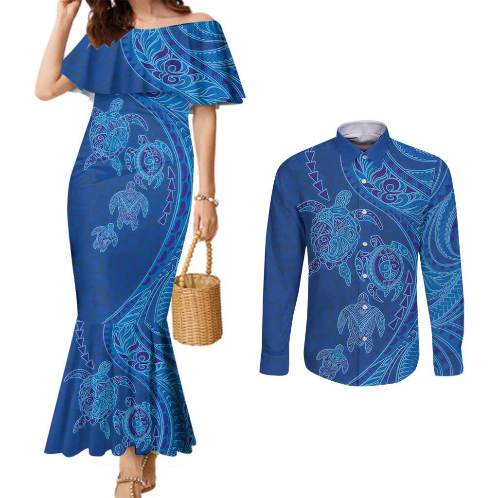 Hawaiian Turtles and Polynesian Art Tattoo Couples Matching Mermaid Dress and Long Sleeve Button Shirt Ocean Abyss