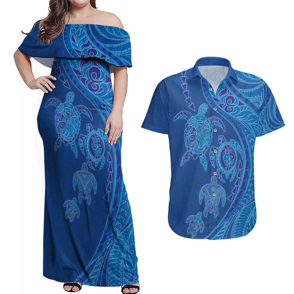Hawaiian Turtles and Polynesian Art Tattoo Couples Matching Off Shoulder Maxi Dress and Hawaiian Shirt Ocean Abyss